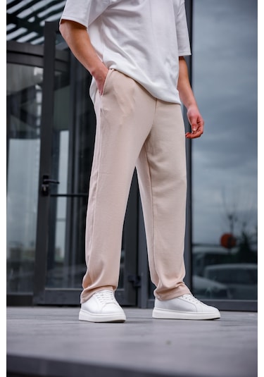 Erkek Bej Renk Burgu Desen Örme Kumaş Baggy Pantolon-1753 Bej