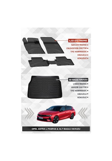 Sahler Opel Astra L 2022+ Uyumlu 4.5d Premium Havuzlu Oto Paspas Ve Liner Marka 3d Alt Bagaj Havuzu