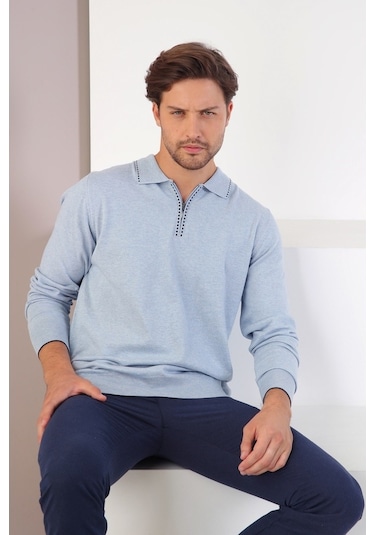 Ferraro Cristello Polo Yaka Fermuarlı Erkek Pamuk Kazak Açık Mavi