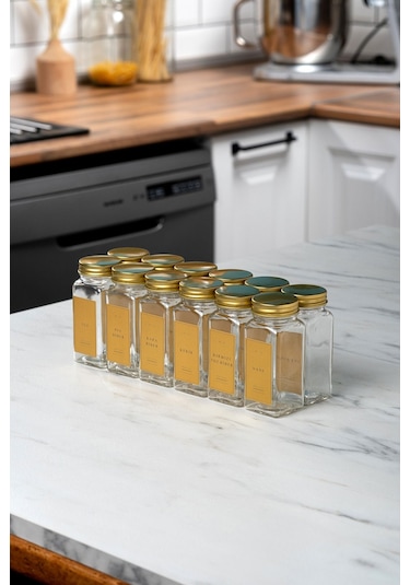 12'li Cam Gold Kapaklı Gold Etiketli 12-li Baharatlık Seti Takımı-mh00gld12 Gold - Şeffaf