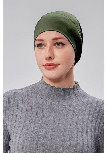 Kadın Tesettür Hazır Pratik Geçmeli Bone Lastikli Kaymaz Haki Haki