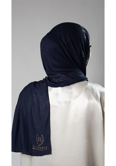 Lacivert Pratik Hazır Geçmeli Tesettür Şal Örme Kumaş Taşlı Çiçek Desenli 2118c 02