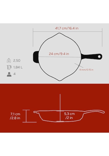 Lava Döküm Yuvarlak Kızartma Tavası Döküm Demir Yekpare Saplı. Çap Ø 24cm Bordo
