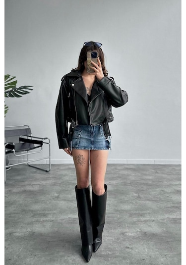 Yeni Sezon Oversize Kadın Siyah Biker Deri Ceket Siyah