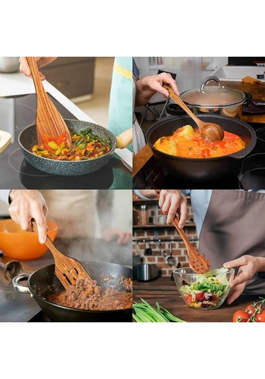 Vkemall Doğal Teak Ahşap Mutfak Gereçleri Seti - 10 Parça, El Yapımı, Toksiksiz, Anti Yapışkan, Mutfak Gerekli Malzeme Kahverengi