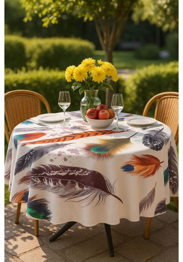 Yuvarlak Tüy Desenli Duck Kumaş Masa Örtüsü 150x150 Cm Çok Renkli