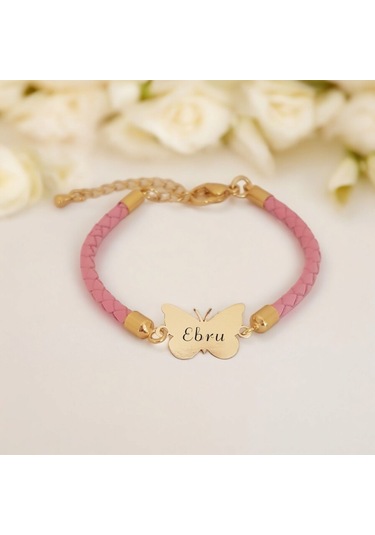 Archin Ebru İsmine Özel 14 Ayar Altın Plakalı Doğal Pembe Derili Kelebek Motifli Hediye Bileklik-429isim Ebru
