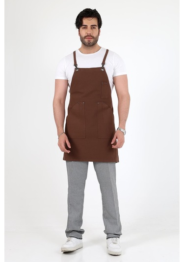 Barista Askılı Önlük Kanguru Cepli - Kahve-12779 Kahve