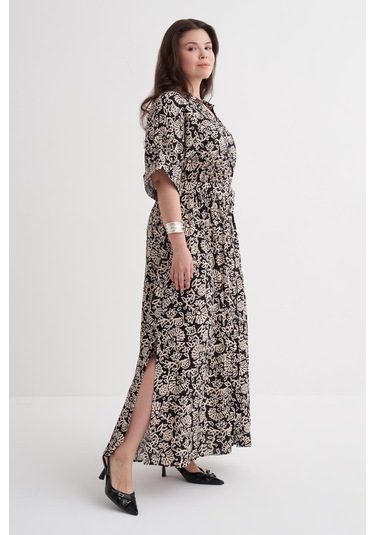 Beli Lastikli Kemerli Uzun Elbise-6218 Krem