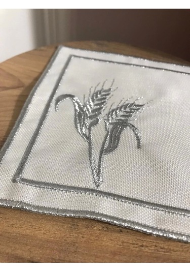 Nivemeshome Başak Nakışlı Gümüş Kare 6 Adet Keten Kokteyl Peçetesi Kahve Yanı Sunumluk Gümüş