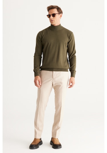 Erkek Bej Hakı 2'li Paket Standart Fit Normal Kesim Yarım Balıkçı Yaka Basic Triko Kazak Bej Hakı