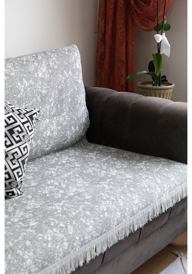 Mozaik Pamuklu Saçaklı Koltuk - Çekyat Örtüsü 170x220 - Gri Gri