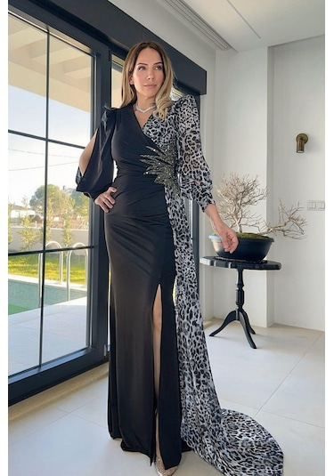 Ges Moda G1296 Leopar Detaylı Tasarım Abiye Elbise Gri Gri