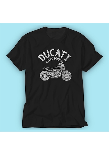 Ducati Retro Design Baskılı Siyah Tshirt Modeli