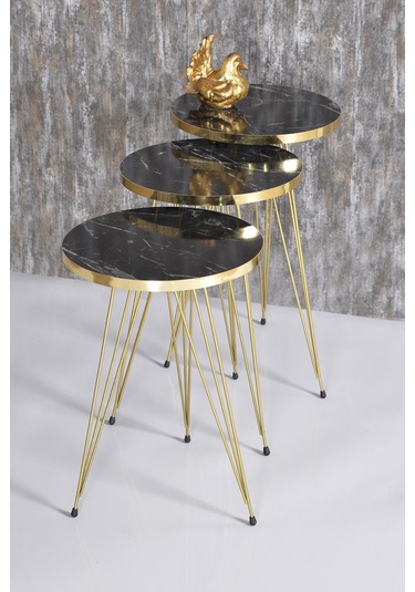 Zigon Sehpa Ve Orta Sehpa Kr Set Gold Tel Siyah Mermer Desen