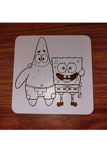 Lavanta Tasarım Sünger Bob Ve Patrick Ahşap Bardak Altlığı Beyaz