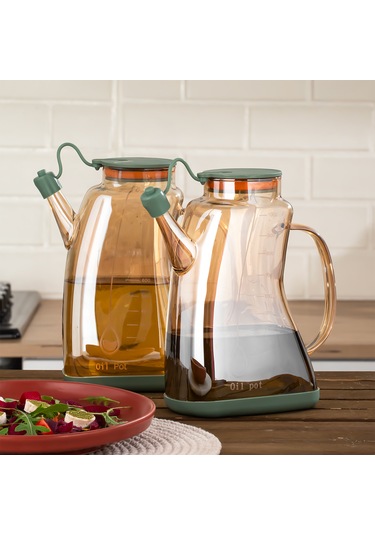 Porsima 3855 Şeffaf 2 Li 1 Lt Borosilikat Cam Zeytinyağ Şişesi - Yağlık Ve Sirkelik Seti Yeşil Yeşil