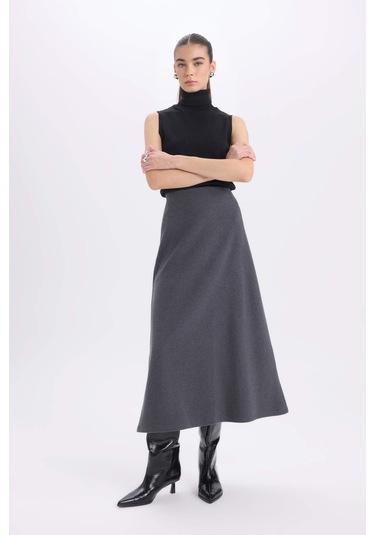 DeFacto A Kesim Esnek Belli Basic Düz Normal Bel Maxi Etek D5407AX24AUAR104 Antrasit
