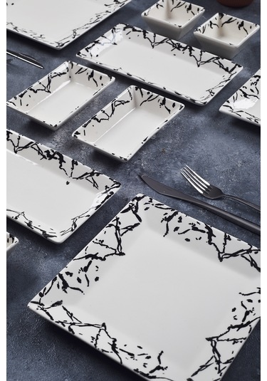 Piatti Naturali 12 Parça 4 Kişilik Mermer Kahvaltı Takımı Handmade Sunum Set Siyah