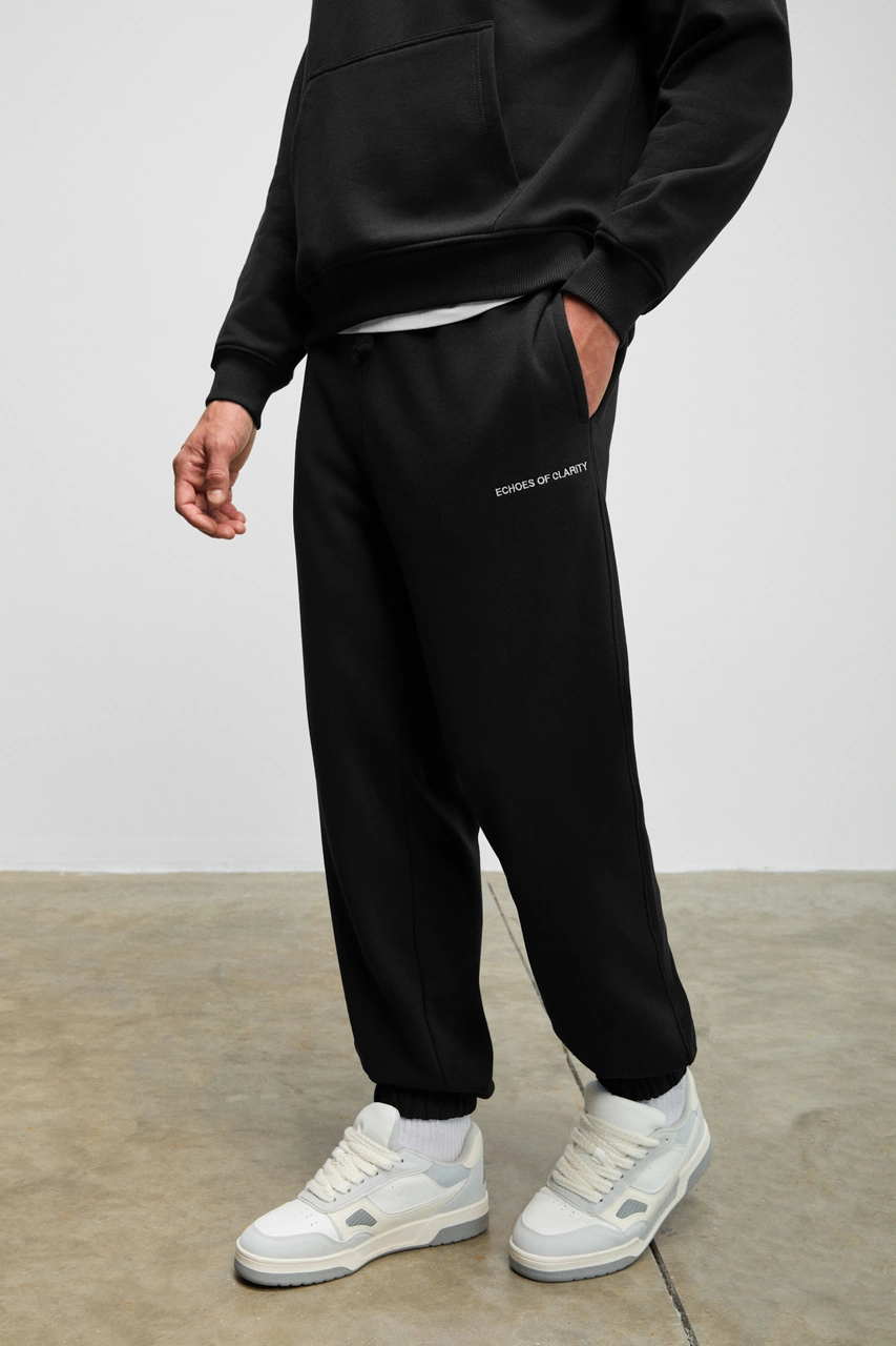 Grımelange Marshallhoodıe Erkek Pamuklu İçi Polarlı Nakışlı Relaxed Siyah Eşofman Takımı Siyah