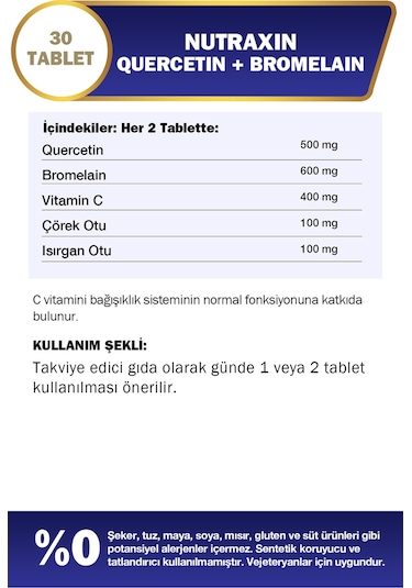 Quercetin Bromelain 30 Tablet - Kuersetin, Bromelain, Çörek Otu, C Vitamini, Isırgan Otu