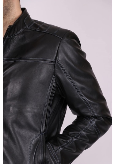 Erkek Siyah Hakiki Deri Hakim Yaka Punto Dikişli Spor Mont