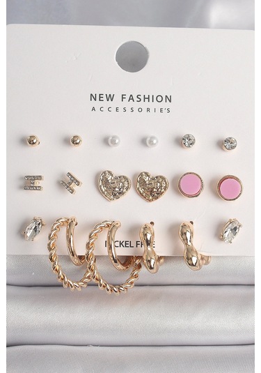 Pirinç Gold Renk Zirkon Taşlı Burug Halka Model İşlemeli Kalp Detay 9 Çift Kadın Küpe Seti Çok Renkli