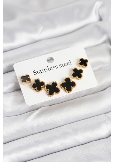 316l Çelik Gold Siyah Renk 3 Boy Yonca Küpe Seti Çok Renkli