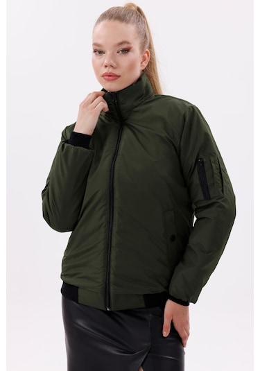 Kadın Astarlı Dik Yaka Mevsimlik Su Ve Rüzgar Geçirmez Mont Haki