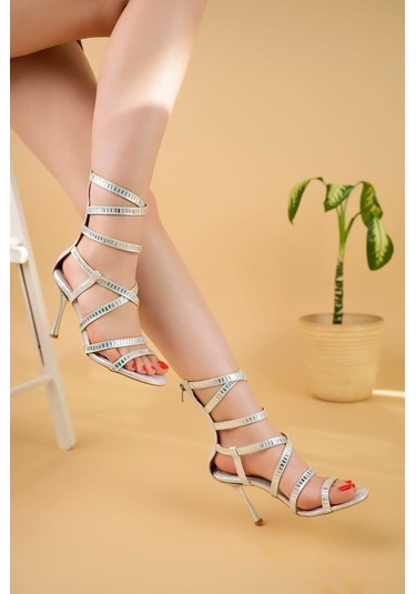 Yuray Gümüş Saten Topuklu Ayakkabı Gümüş