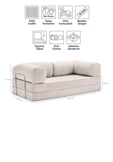 Fitilli Kadife Yıkanır Silinir Pratik Yer Yatağı 50 Dns Bondex Krem 100x200 Kanepe