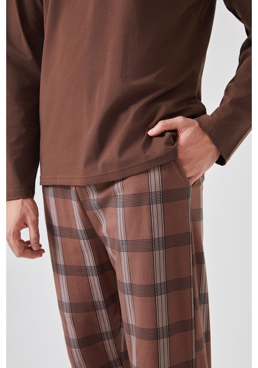 Erkek Pamuklu Uzun Kollu Ekose Desenli Pijama Takımı Ke77614 Kahverengi