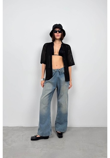 Polo Yaka Fileli Bluz Siyah