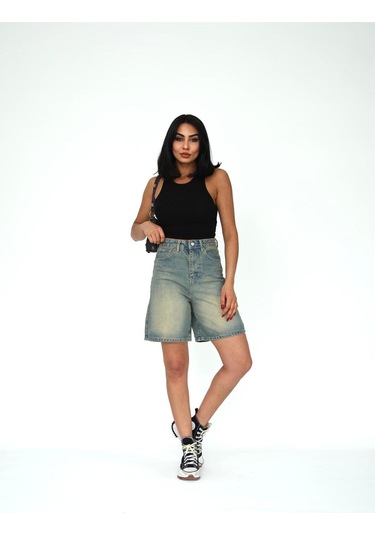 Boru Paça Denim Şort Mavi+tint