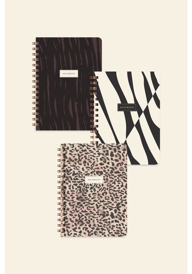 Cep Boy 10x14 Cm Spiralli Çizgili Karton Kapak 3'lü Defter Seti Leopar Leopar-siyah-krem