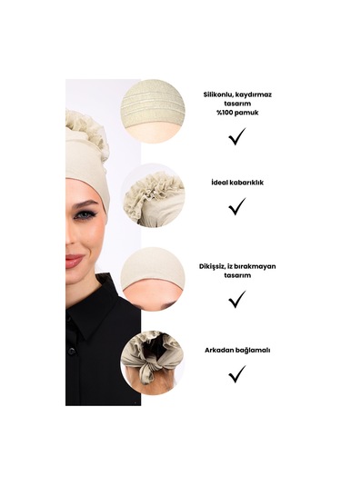 Kaymayan Fırfırlı Silikonlu Dikişsiz Bone Krem - Kaymaz Kadın Tesettür Bağlamalı İç Bone Krem