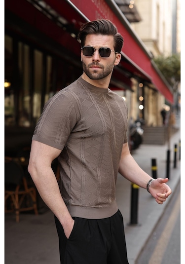 Açık Kahverengi Bisiklet Yaka Slim Fit Triko Erkek Tişört E7466