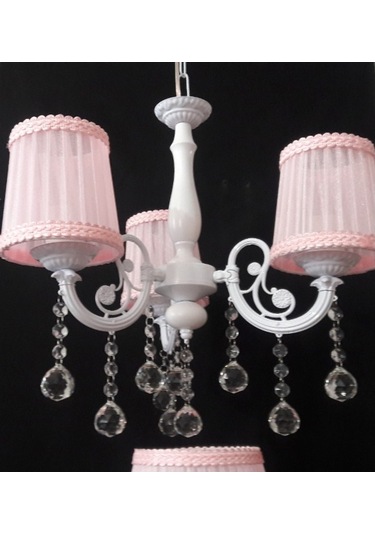 Pembe Çocuk Odası Taşlı 3 Kollu Avize Abajur Seti