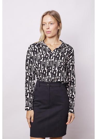 Kadın Likrasız Viskon Vual Desenli Yakalı Düşük Omuzlu Uzun Kol Şık Gömlek-Geometri Geometri