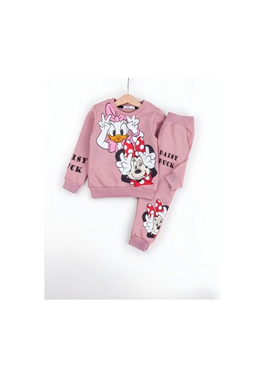 Kız Çocuk Minnie Mouse Ve Daisy Duck Baskılı 3 İplik Şardonlu Kışlık Sweat Ve Eşofman Alt Üst Takım Pembe