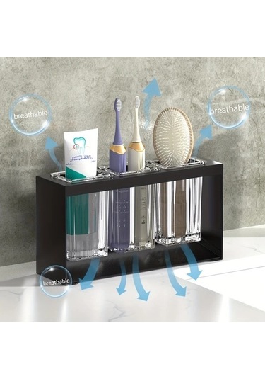 Fastbuy Dream011 Siyah 4'lü Silindir Tutucu, Dahili Tahliyeli Banyo Düzenleyici, Su Filtreli Bardak, Diş Fırçası Macunu Tutuc Siyah