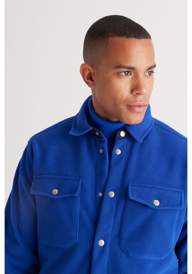 AC&Co / Altınyıldız Classics Erkek Saks-lacı Standart Fit Normal Kesim Gömlek Yaka Cepli Polar Ceket Lacivert