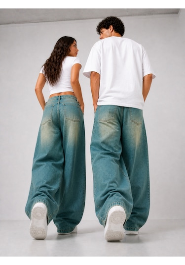 St.poll Eskitme Yeşil Efekt Vintage Yıkama Unisex Baggy Jeans Pantolon Mavi Yeşil