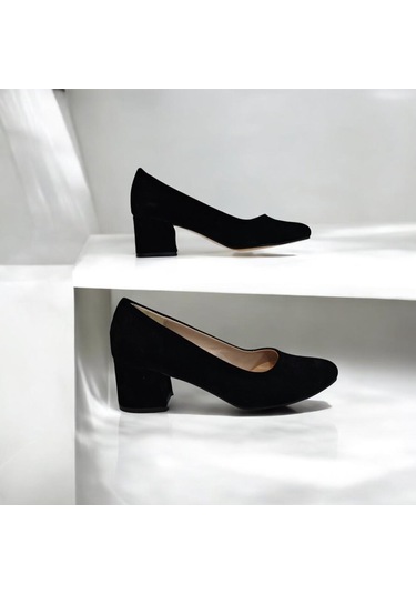 Fiyra 7028 Siyah Süet 5cm Kare Topuklu Bayan Stiletto Ayakkabı Siyah Süet