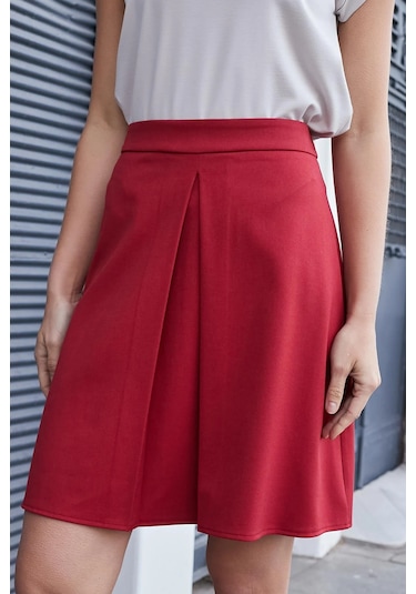 Kadın Yüksek Bel Hafif Likralı Kumaş Pilikaşeli Diz Boy Çan Etek-kırmızı Kırmızı