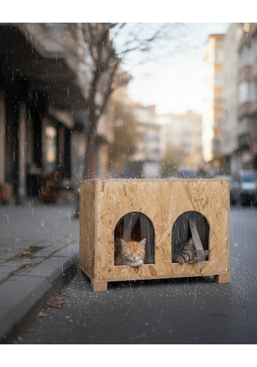 Reyo Kedi Evi Dış Ortam Uygun Ahşap Kedi Evi Double Osb 61 x 41 x 36 CM