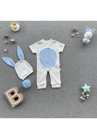 Erkek Bebek Tavşan Model Yazlık Kostüm Tulum-Bebek Doğum Hediyesi Beyaz - Mavi