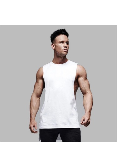 Muscleguys Erkek Spor Yelek - Pamuklu, Kolsuz, Hip Hop Stili, Uzun Kesim, Salon Egzersizleri İçin Whıte