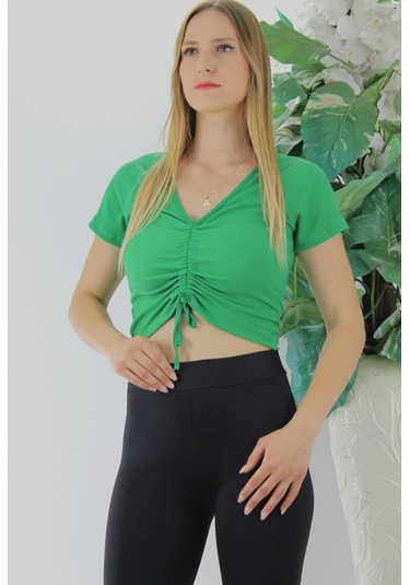 Ön Büzgülü Crop Bluz Yeşil - 1293.33-9049821305032