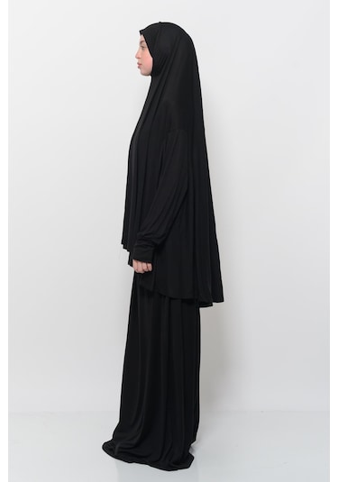 Pratik 2 Parça Pamuklu Yarasa Kollu Başörtülü Tesettür Namaz Elbisesi Siyah Antrasit